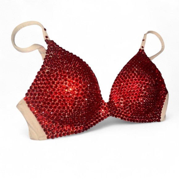 Crystal Rhinestone Sparkly Classic Red Glam Bling Wireless Bra Top All Sizes New - Picture 1 of 12